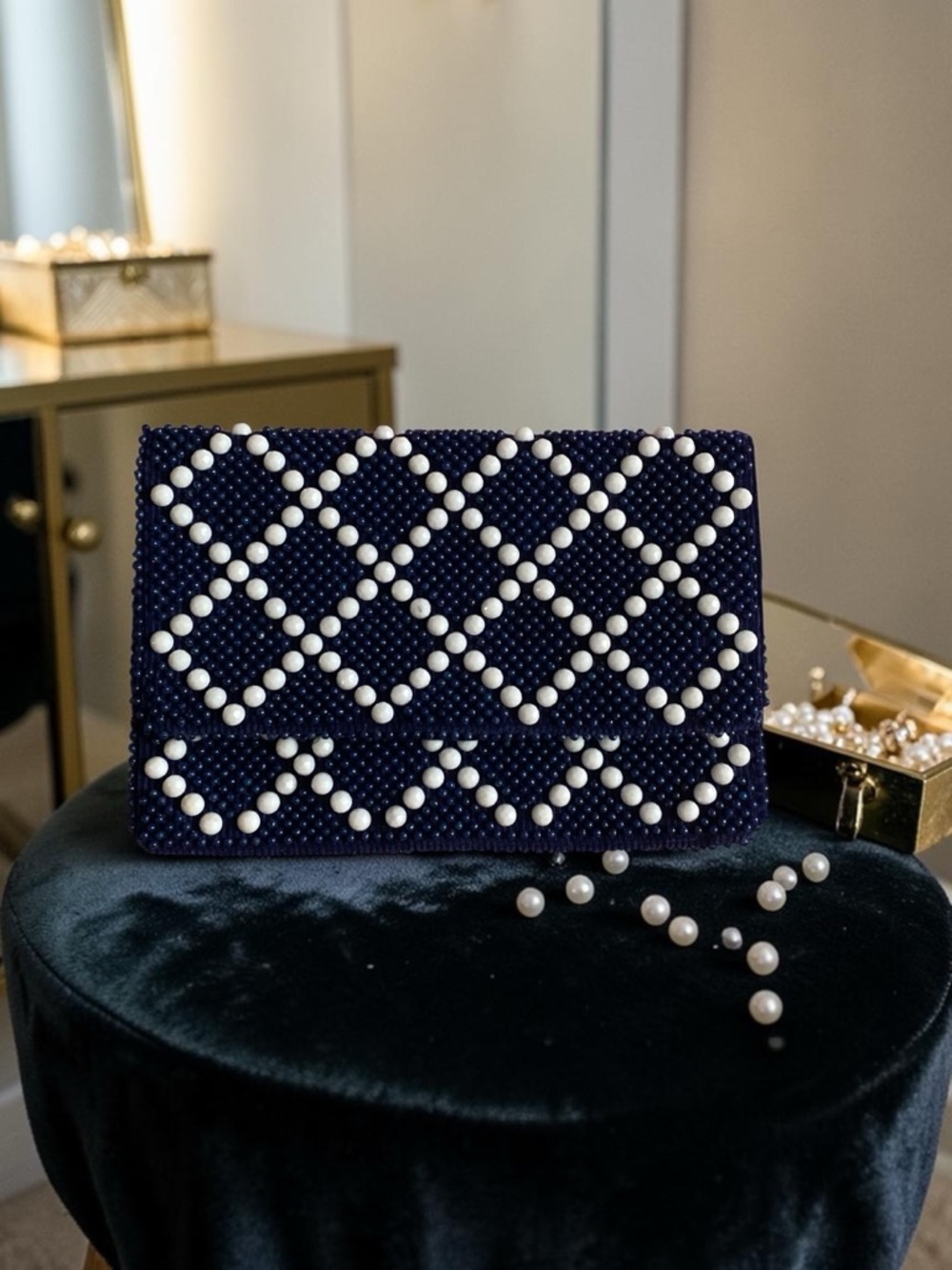 Navy Beaded Pearl-Pattern Evening Clutch